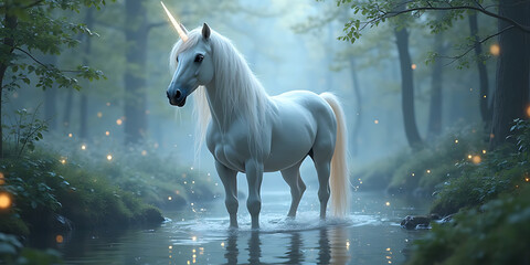 Majestic White Unicorn Standing in a Tranquil Forest Stream Surrounded by Soft Mist