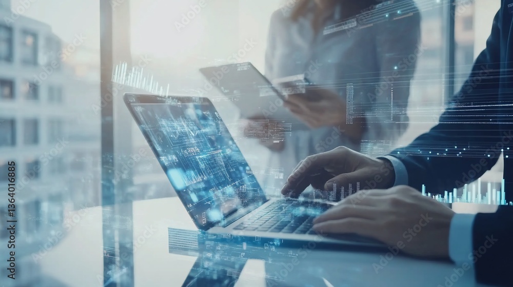 Poster analyzing financial data: business professionals working with digital interface