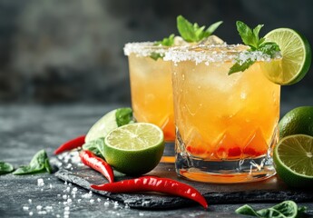 Fototapeta premium Refreshing Citrus Cocktails with Mint Garnish and Chilli Peppers on a Dark Rustic Background Perfect for Summer Parties and Celebrations