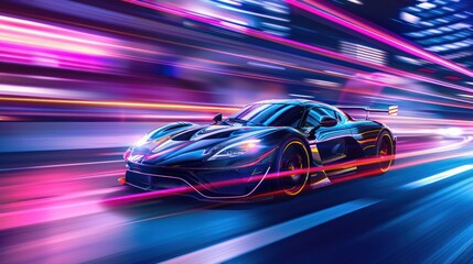 Fototapeta premium Speeding sports car racing through neon city at night, Concept of speed, luxury, and performance