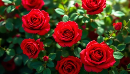 Obraz premium Blooming Red Roses in Garden with Green Leaves and Buds