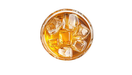 a top-down view of a glass filled with amber liquid and ice cube
