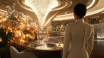 Woman in white blazer overlooking luxurious restaurant.