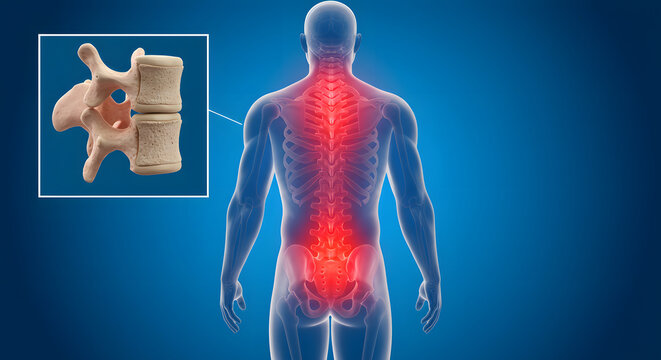 A male anatomy from the waist up, aligning the spine with marked areas of pain
