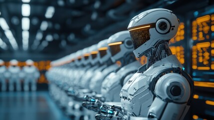 Fototapeta premium Rows of robotic and automated working in a futuristic high tech factory production line workspace The image showcases the advanced industrial automation and smart manufacturing technology concept