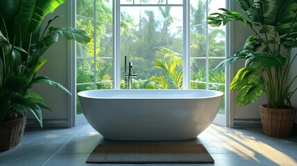 Fototapeta premium Bathtub is surrounded by lush greenery creating a relaxing oasis