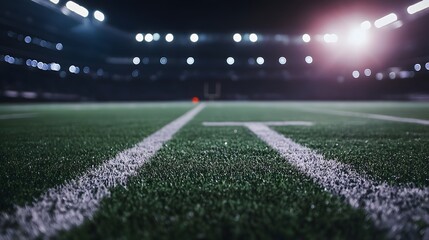 Nighttime football stadium view from the field, glowing lights, blurred background, capturing the essence of sports energy