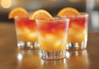 Refreshing Cocktail Drink with Orange Slice Garnish Served in Clear Glasses on a Wooden Table with Blurred Background Lights