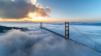 Obraz premium Majestic Bridge Enveloped in Soft Fog at Sunrise with Cool Tones and Dramatic Clouds