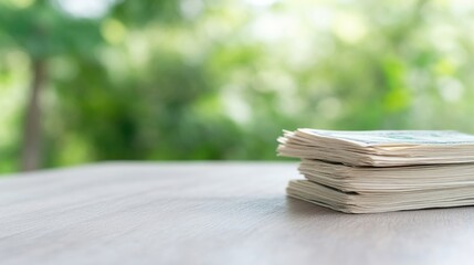 Stack of bills on a table, blurred background