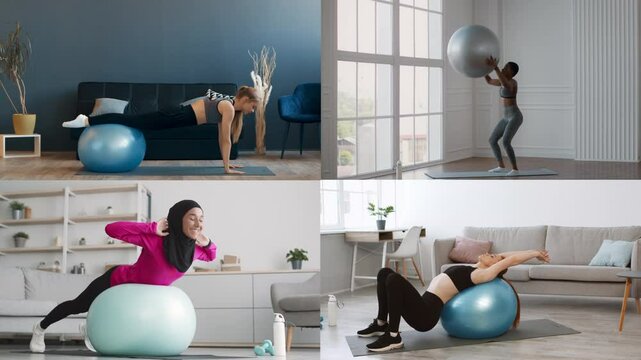Athletic individuals perform various workouts using exercise balls in a home setting. This lively collage showcases diverse fitness styles, promoting a healthy lifestyle and active routines.