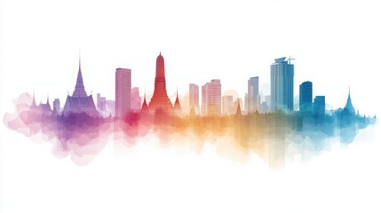 Fototapeta premium Tranquil Watercolor Scene of Bangkok with Temples and Skyline Silhouettes