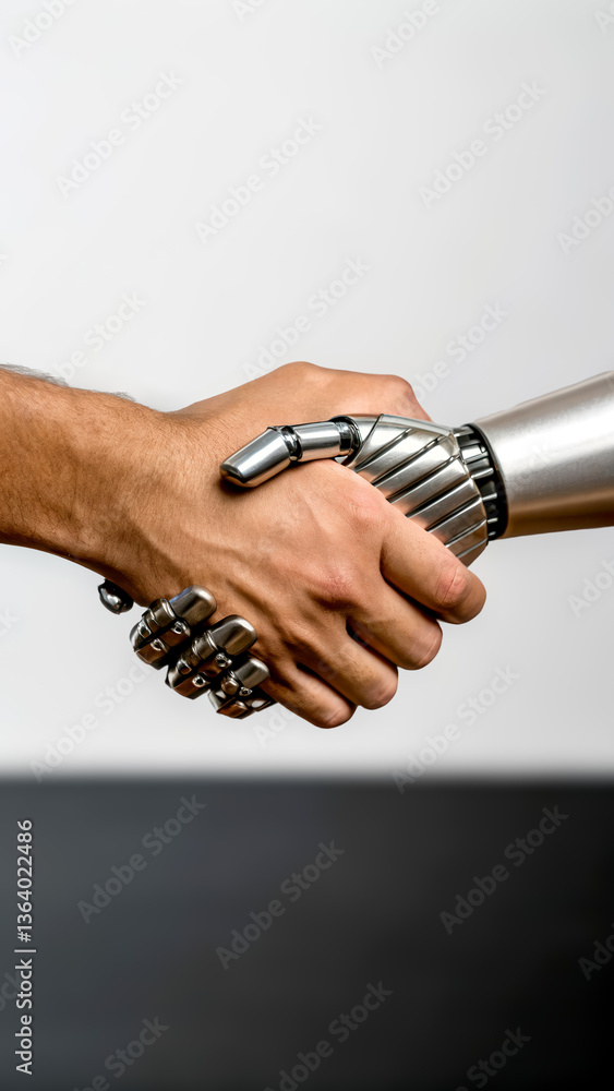 Poster ai-powered tools concept. human and robotic hands shaking, symbolizing collaboration and technology.