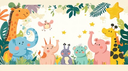 Colorful Cartoon Animals in a Whimsical Jungle Setting with Stars