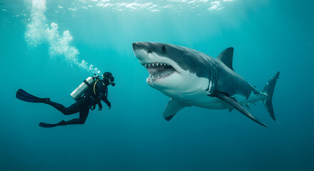 Obraz premium A diver in black scuba gear hovers next to a colossal great white shark, emphasizing the size contrast