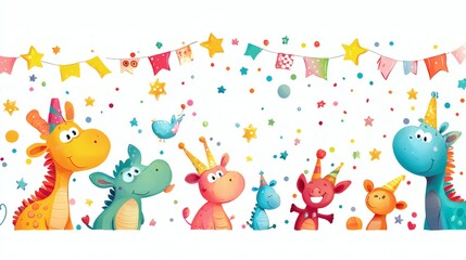 Obraz premium Colorful Cartoon Animals with Party Hats and Festive Decorations