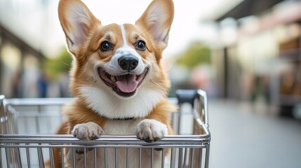 Corgi enjoying a day out shopping urban market pet photography daytime playful vibes