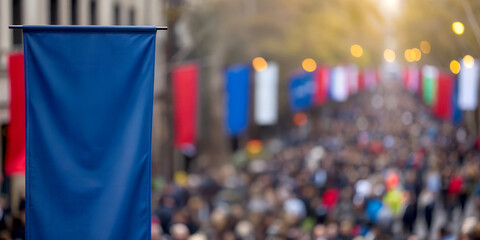 Obraz premium Public Policy concept. Colorful banners line a busy street filled with a diverse crowd of people during a festive event.