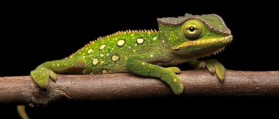 Fototapeta premium A vibrant green chameleon is perched on a wooden branch
