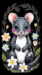 A cute, spotted quoll sits among colorful flowers, surrounded by green leaves, in a whimsical illustration