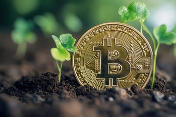 A Bitcoin coin with growing vines, showing sustainability. 