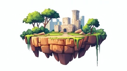 Floating Island with Castle and Cityscape in Fantasy Landscape