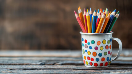 A colorful array of pencils stands upright in a charming polka-dotted painted metal mug, resting on a rustic wooden surface. The scene evokes creativity and childhood memories.