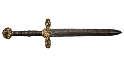 Ancient Blade: A close-up shot of an antique, ornate sword, its intricate hilt and dark blade hinting at tales of bravery and valor. A powerful symbol of history and legend.