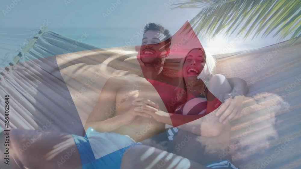 Poster waving flag and palm tree animation overlaying couple relaxing on hammock