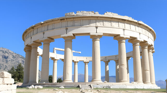 The Tholos of Delphi, a circular temple and one of the ancient structures of the Sanctuary of Athena Pronaia, Delphi, Greece