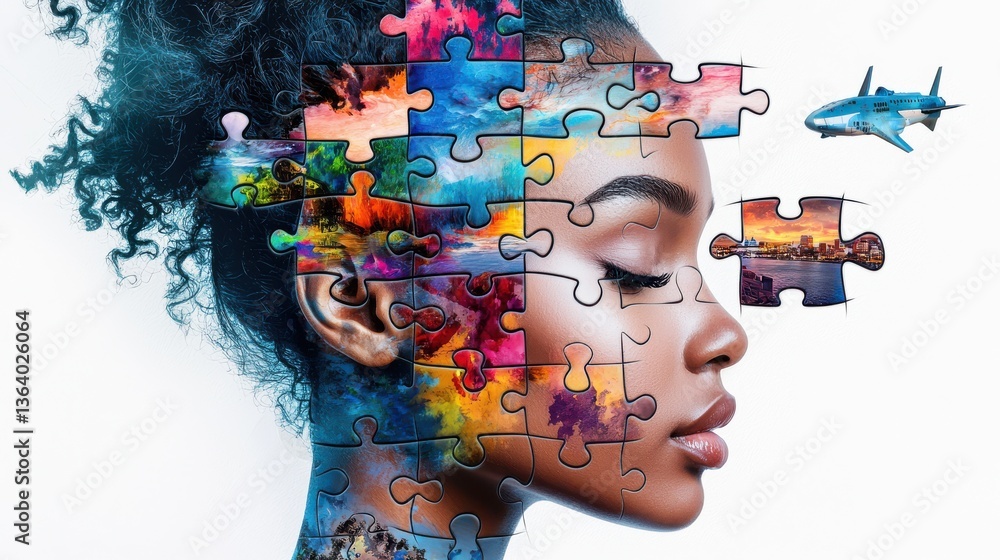 Aufkleber surreal digital of a human face composed of colorful puzzle pieces representing the complexities of 