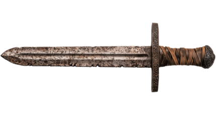 Ancient Relic: Close-up view of an ancient sword showcasing intricate details of its weathered blade, handle and cross guard, exuding historical significance. 