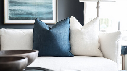 Coastal inspired decor interiors, blending soft blues, crisp whites, and delicate pastels with luxurious textures and refined details