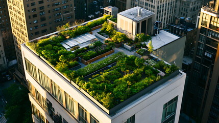 A rooftop garden on a city building that showcases green infrastructure and eco-friendly design.