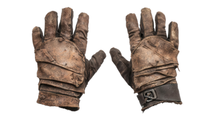 Worn Leather Gloves: A pair of weathered, antique leather gloves, exuding a sense of history and ruggedness, lie side by side, their worn textures telling tales of bygone eras.
