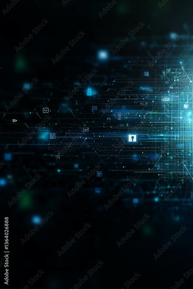 Poster a digital abstract background featuring interconnected lines and icons, symbolizing technology, data
