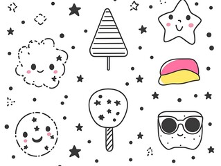 Cute drawings of clouds stars and some ice cream treats
