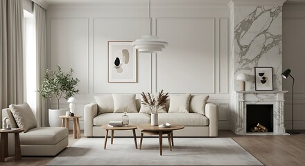 Scandinavian style home interior design of modern living room. Minimalist room with white furniture, fireplace, wooden accents and decorative branches in ceramic vase.