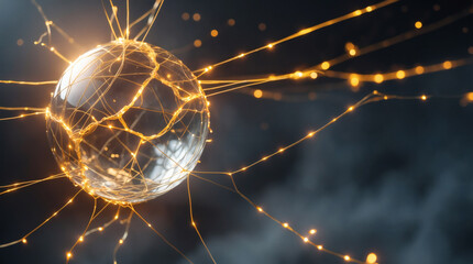A mesmerizing sphere radiating golden light, connected by intricate lines, glows against a dark backdrop, evoking technological wonder.