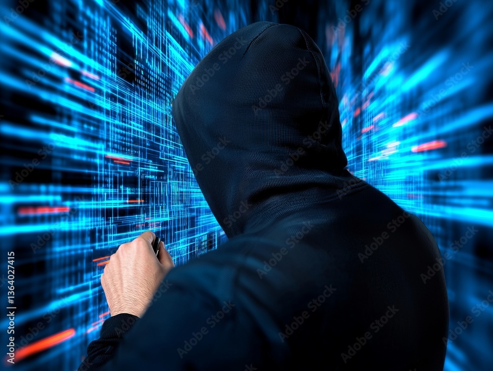 Poster a mysterious figure in a hoodie stands against a backdrop of digital data streams, suggesting themes