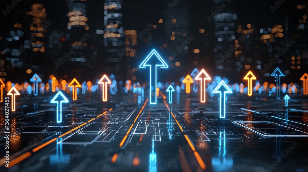 Poster futuristic cityscape at night with a network of illuminated neon traffic arrows and lights reflectin