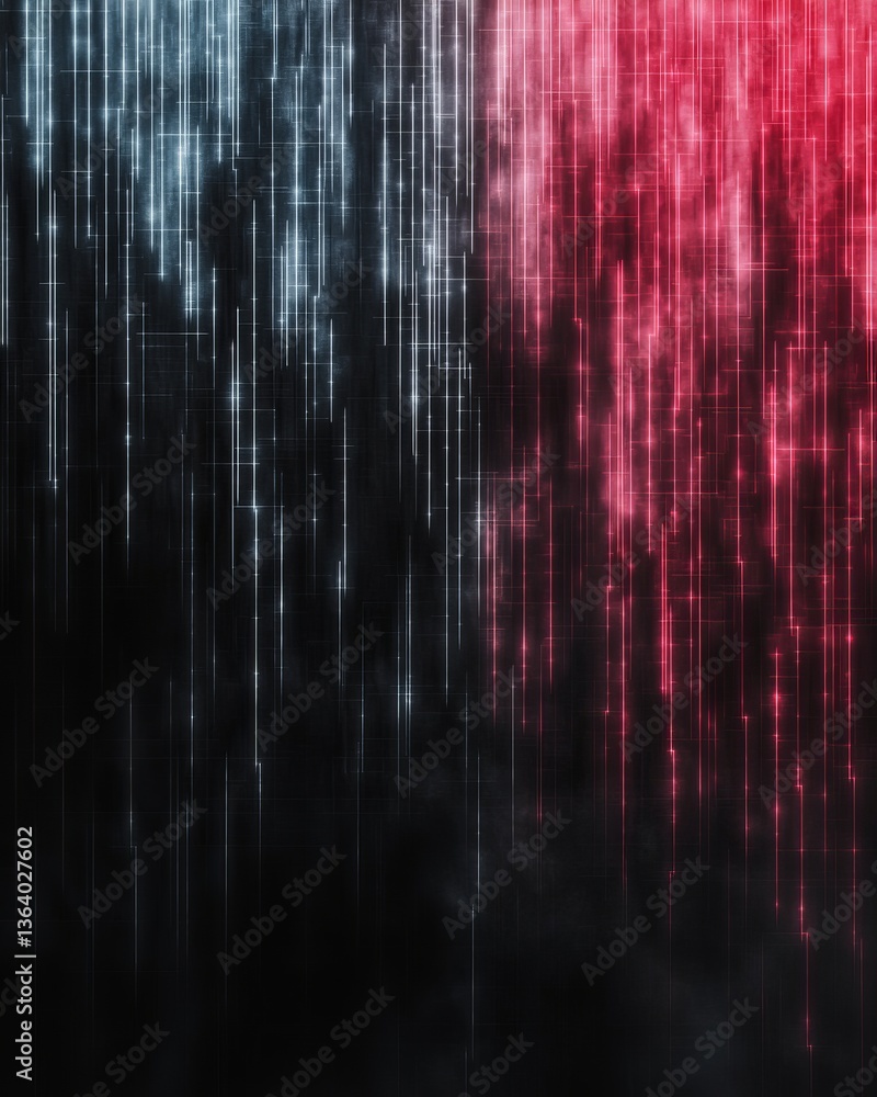 Poster a dynamic, abstract image featuring vertical lines in shades of black, blue, and red, creating a str