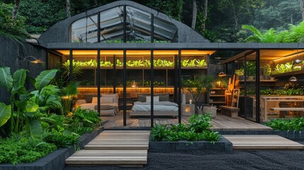 Obraz premium Cozy wooden cabin nestled in the heart of a lush tropical forest featuring a modern yet rustic interior design with floor to ceiling wood accents and a peaceful outdoor living space