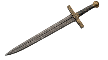 Ancient Sword in Close-Up: A detailed close-up of a historical sword, showcasing its intricate craftsmanship and the passage of time through its weathered appearance.