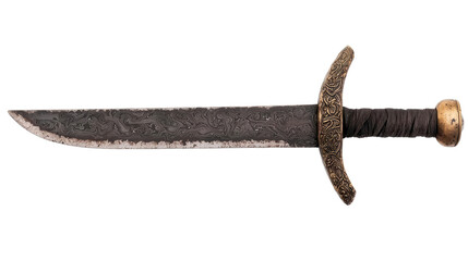 Ancient Blade: A close-up of an ancient, weathered blade, with a detailed hilt. The blade shows signs of age and use, a testament to history.