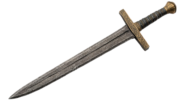 Ancient Sword in Close-Up: A detailed close-up of a historical sword, showcasing its intricate craftsmanship and the passage of time through its weathered appearance.