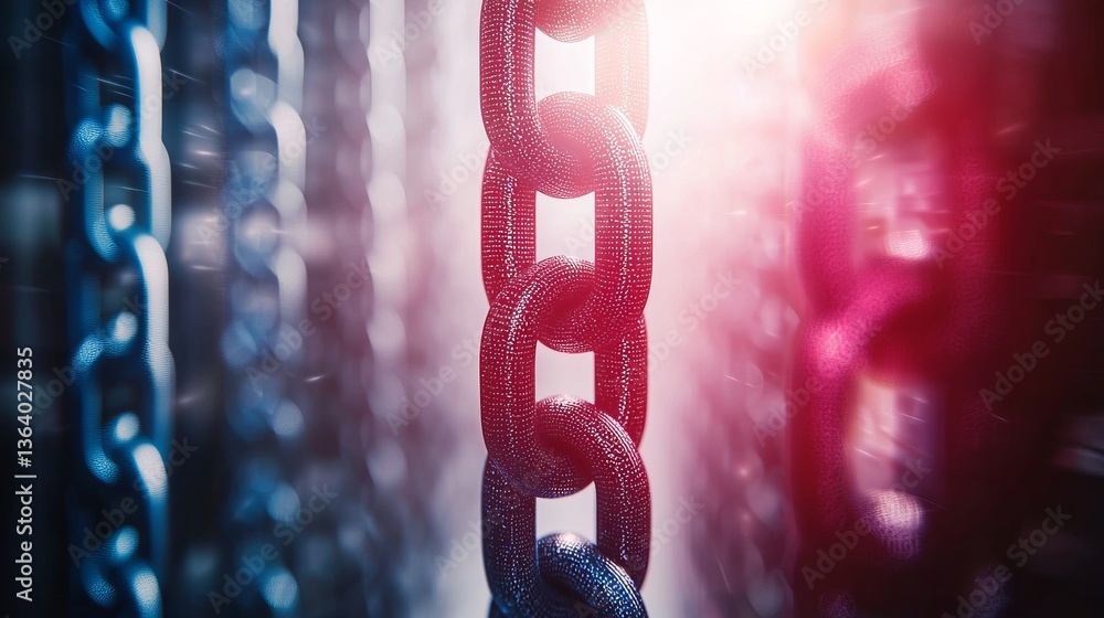 Poster a close-up of colorful chains illuminated by light, creating a dramatic contrast and emphasizing the