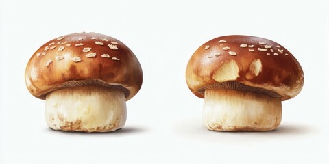 Two realistic mushrooms with distinctive brown caps and cream stems displayed on a neutral background showcasing their natural beauty