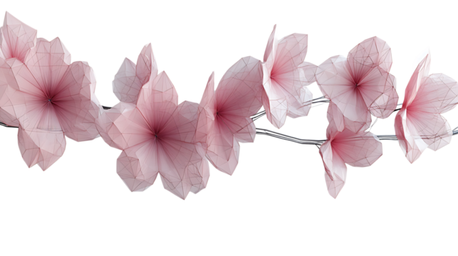 Geometric cherry blossom branch: polygon petals in blush pink, wireframe branches, white background