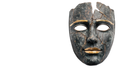 Unveiling the Past: A close-up of a weathered, cracked mask with traces of gold accents, suggestive of an ancient culture and the passage of time.